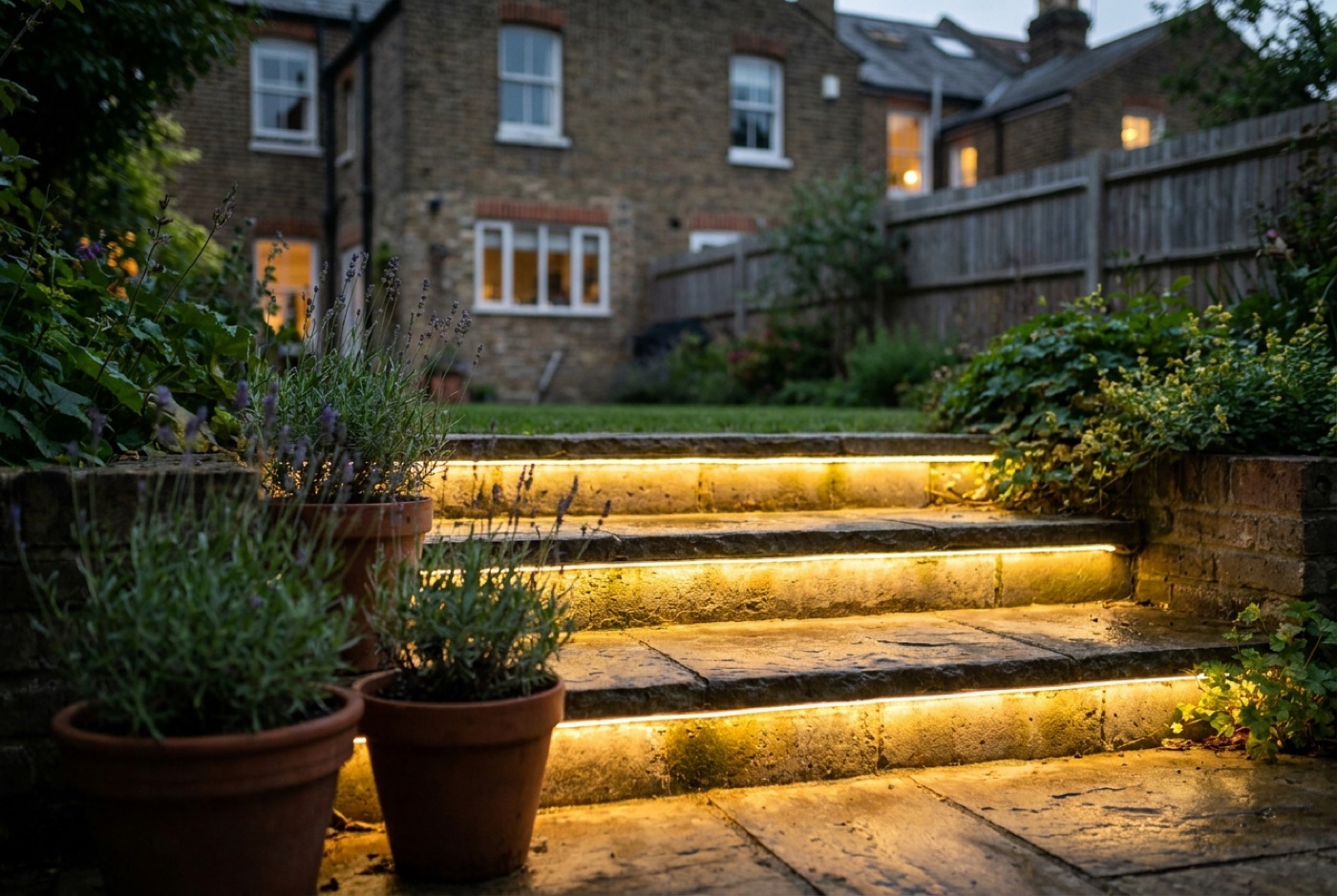 Garden steps with recessed lighting at dusk
