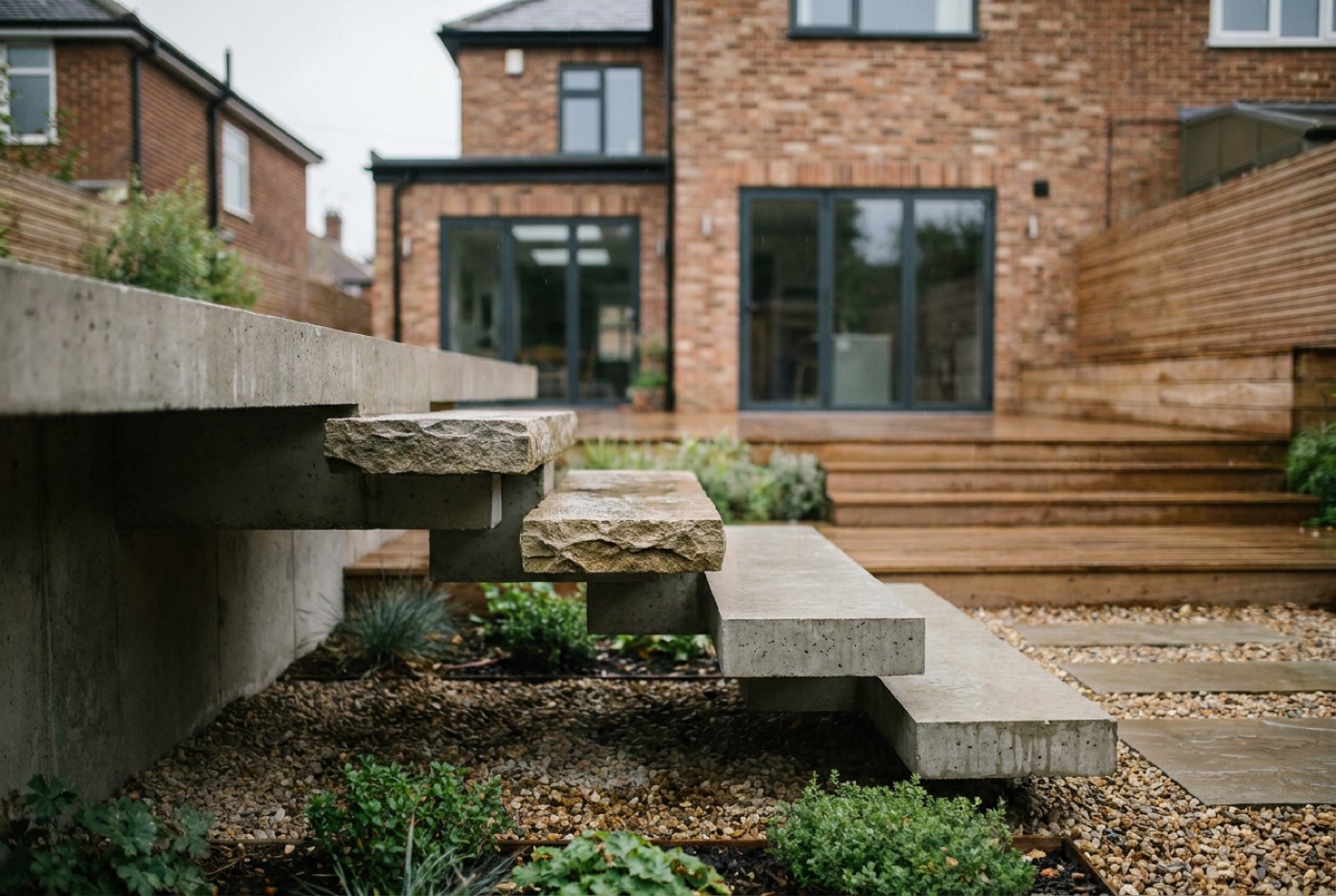 Modern floating concrete-and-stone steps