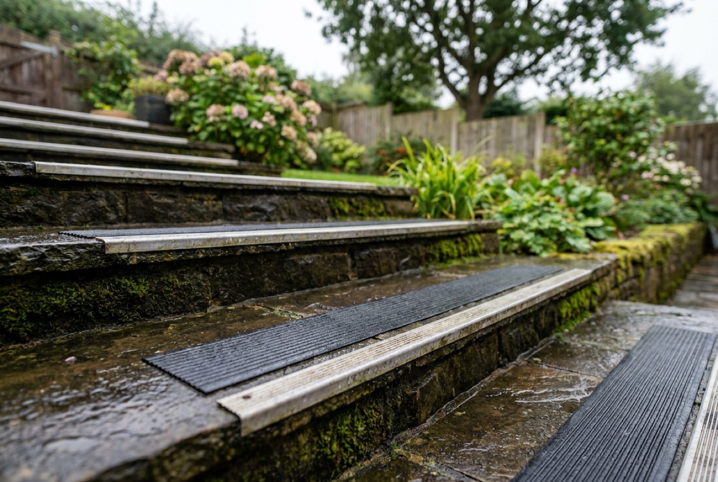 Wet natural stone garden steps fitted with non-slip treads and a metal anti-slip nosing