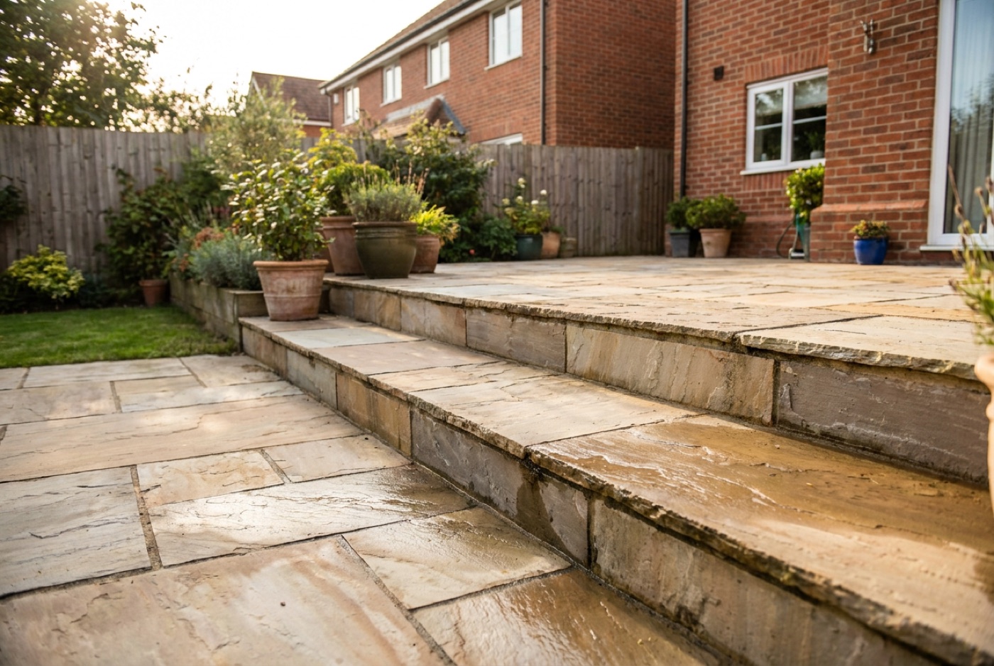 Warm multi-toned Indian sandstone paving steps leading up to a patio