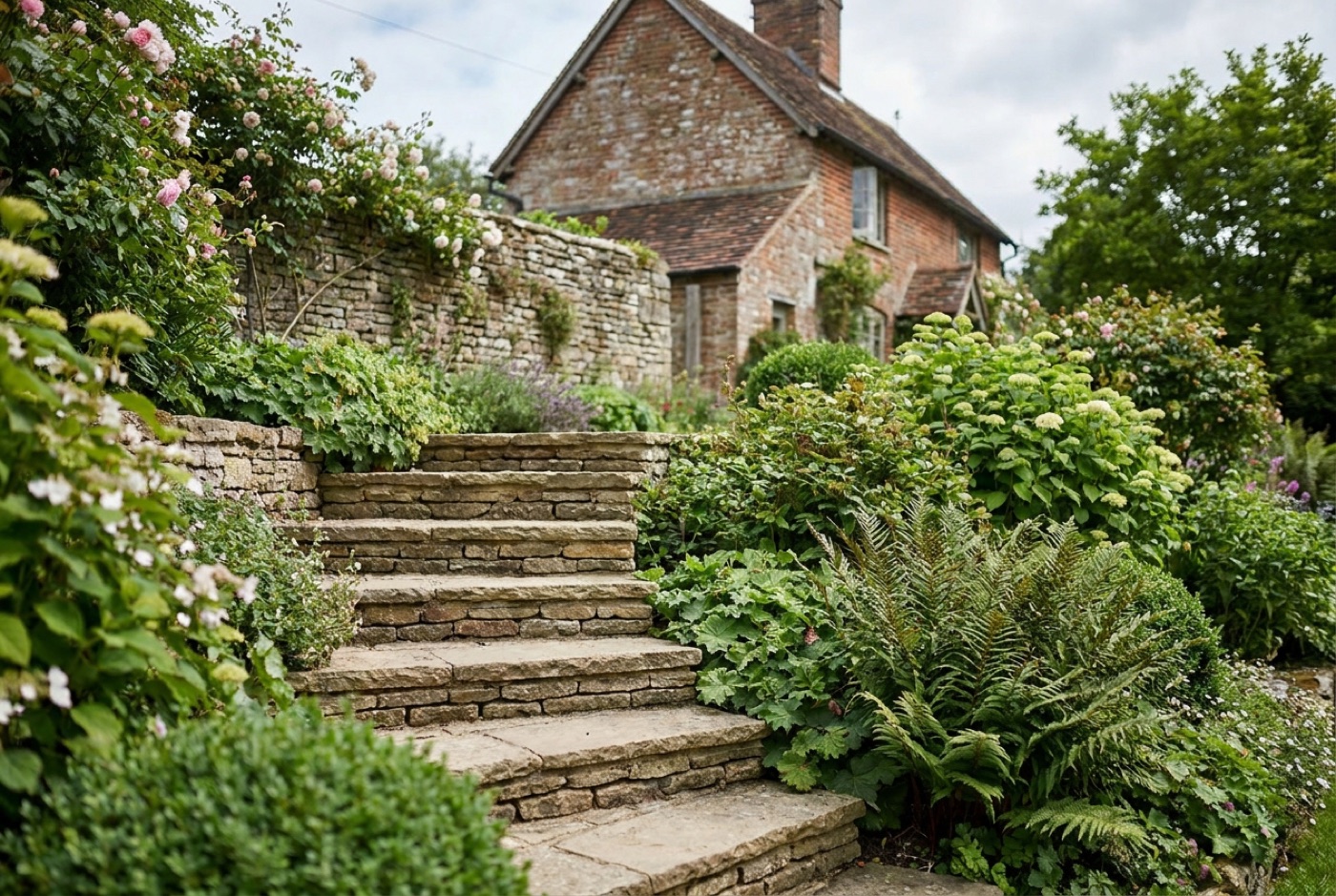 A flight of natural stone steps in a lush English country garden