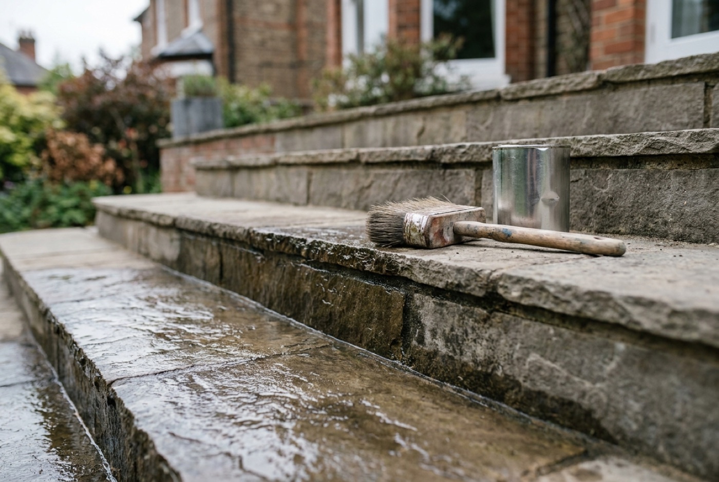 Natural stone patio steps half-sealed, showing the wet-look sheen against dry matte stone