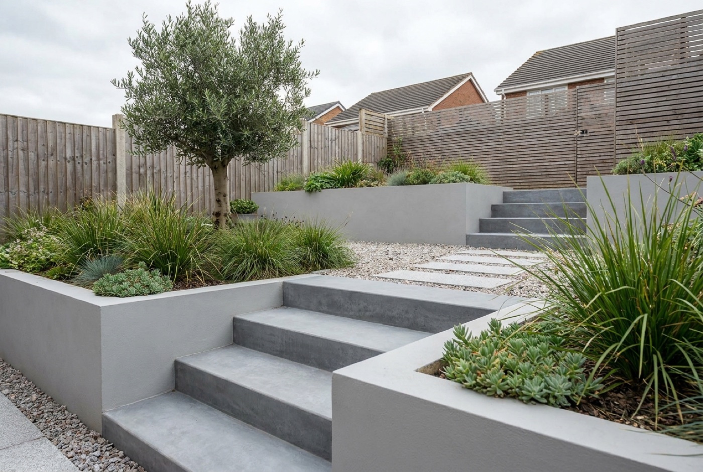 A flight of poured concrete garden steps with a brushed finish set into a sloping lawn
