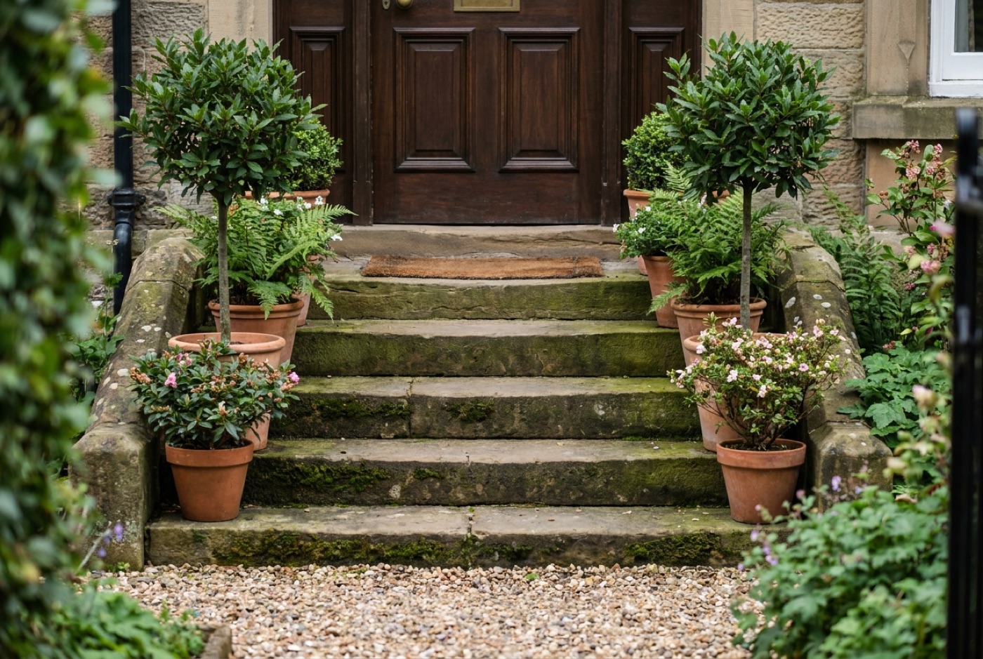 A smart Victorian front entrance with pale limestone steps, bullnosed edges and clipped bay trees in pots either side of the door