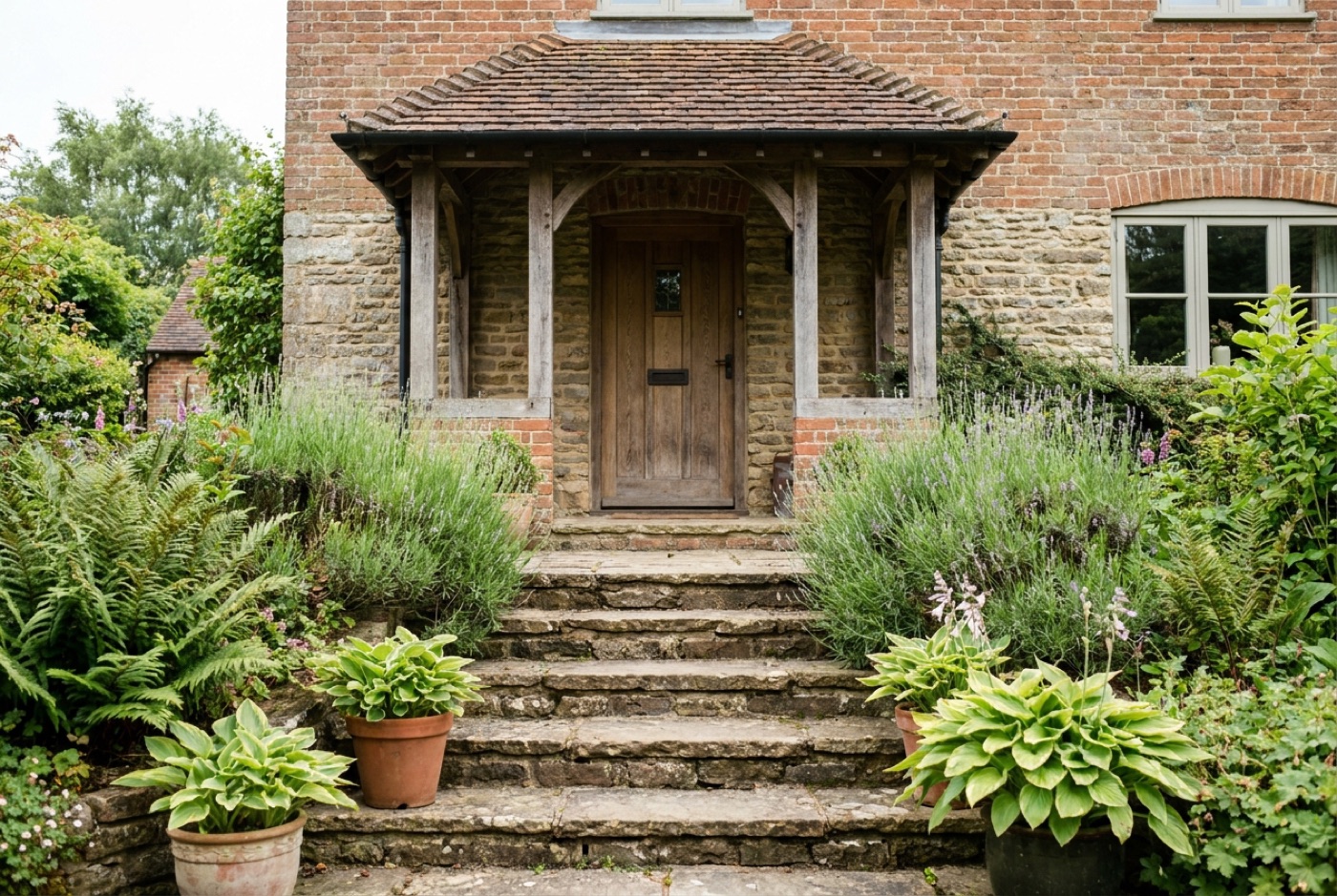 A traditional UK front porch with pale stone steps, a metal handrail and recessed riser lighting