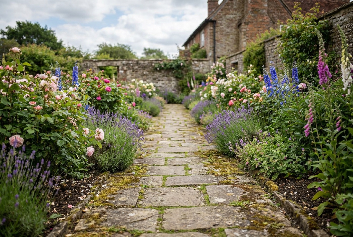 A curved natural stone garden path winding through a lush English cottage garden