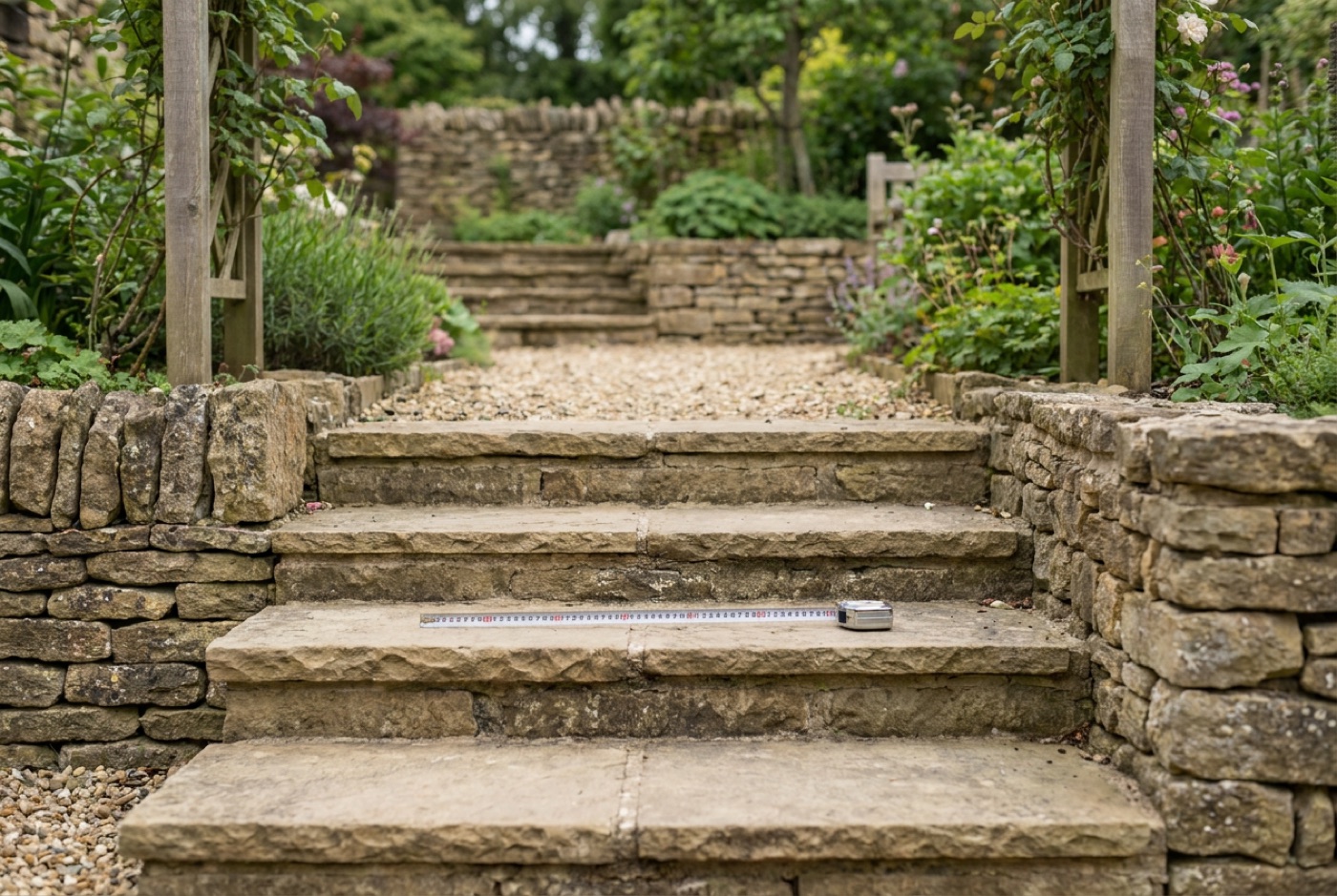A flight of natural stone garden steps with a tape measure showing the rise and going of a tread