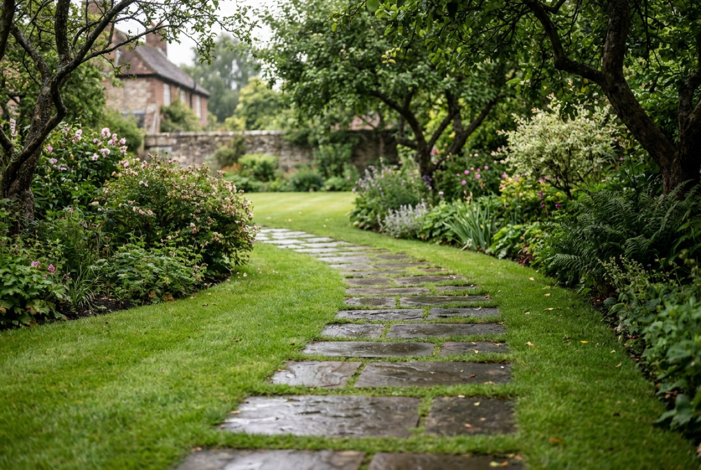 A curved line of natural stone stepping stones set flush into a mown lawn with border planting