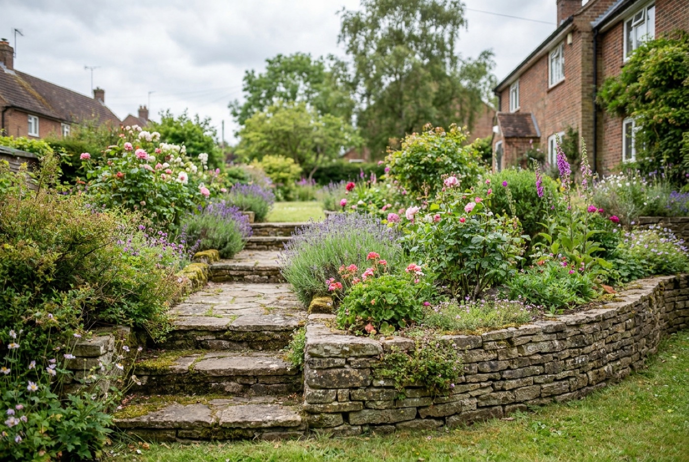 A sloped English garden with curved natural stone steps and colourful planting