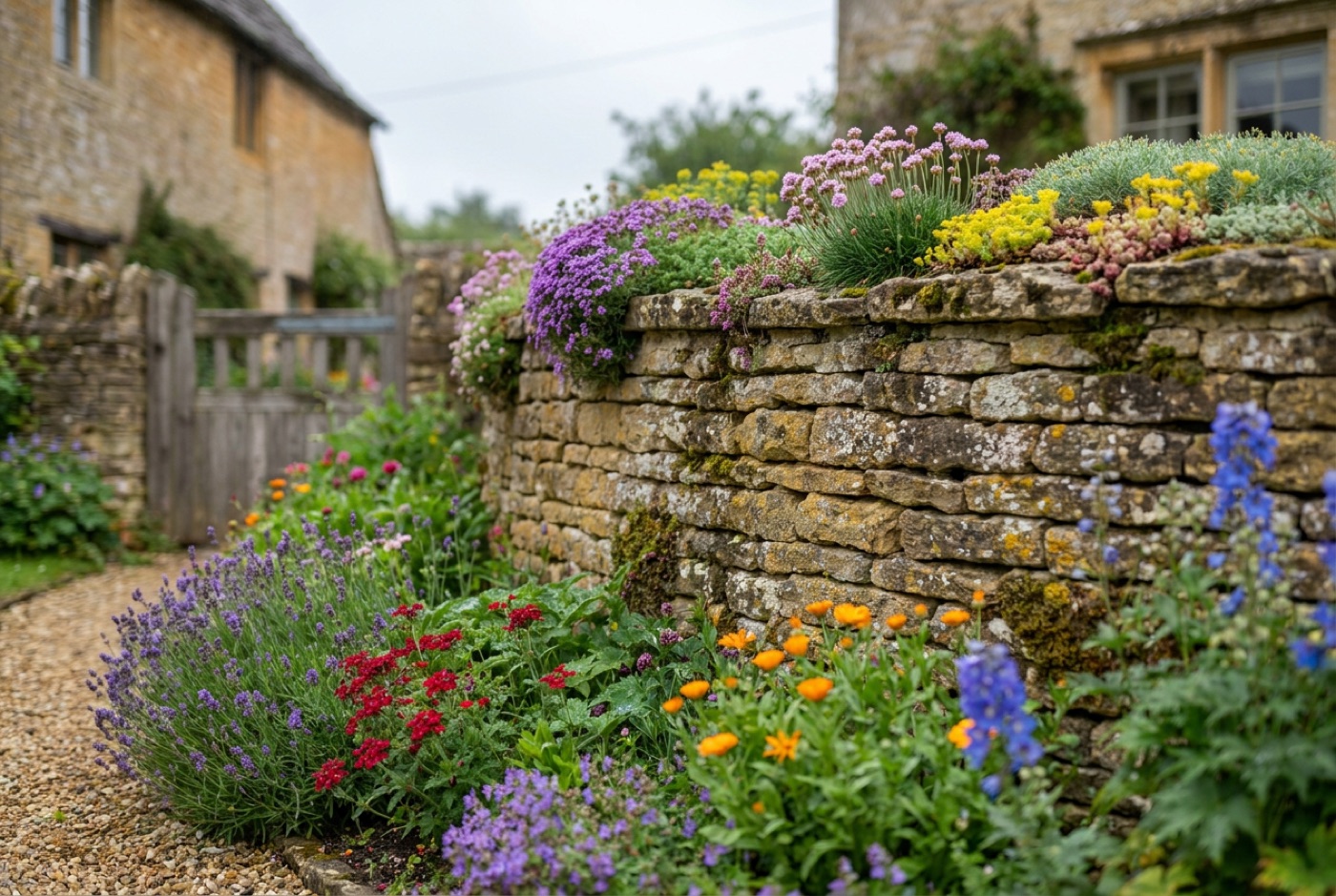 A dry-stone garden wall with tumbling planting beside natural stone steps in an English garden