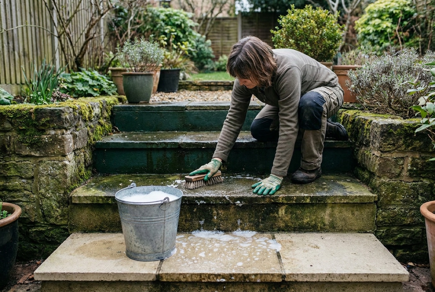 A weathered natural stone patio and steps, one half scrubbed clean and one half still green with algae