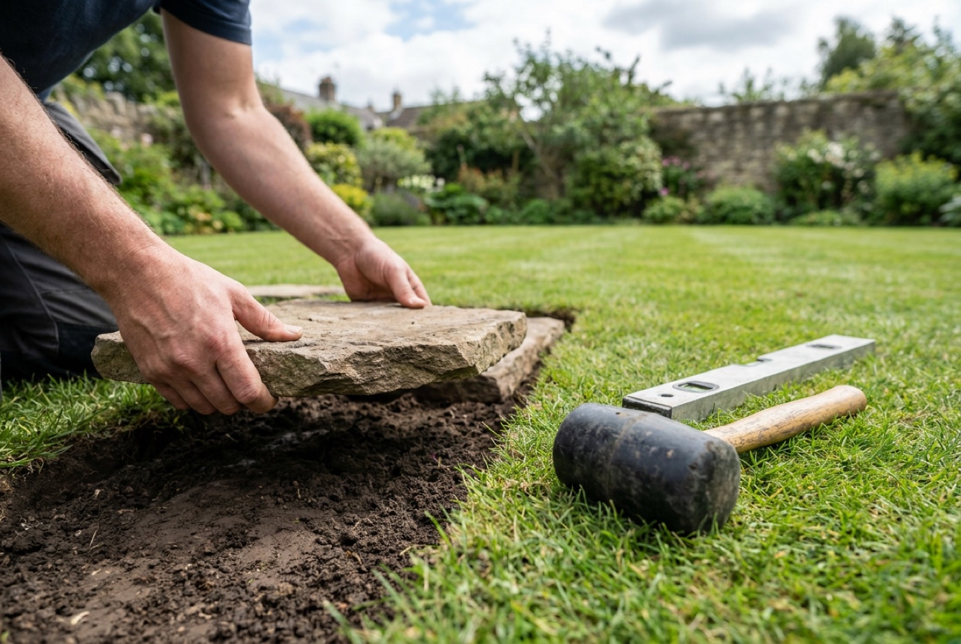 Square stone stepping stones set flush into a green lawn with a spirit level resting on top