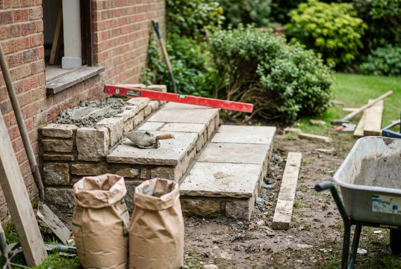 Natural stone garden steps under construction with a trowel and fresh mortar