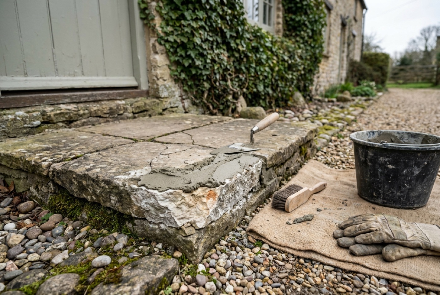 A weathered stone step with a chipped front edge being repaired with fresh repair mortar and a trowel