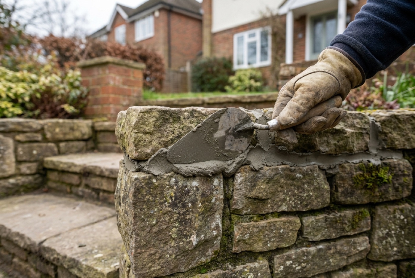 A mason raking out and repointing the mortar joints of a natural stone garden wall with a pointing trowel