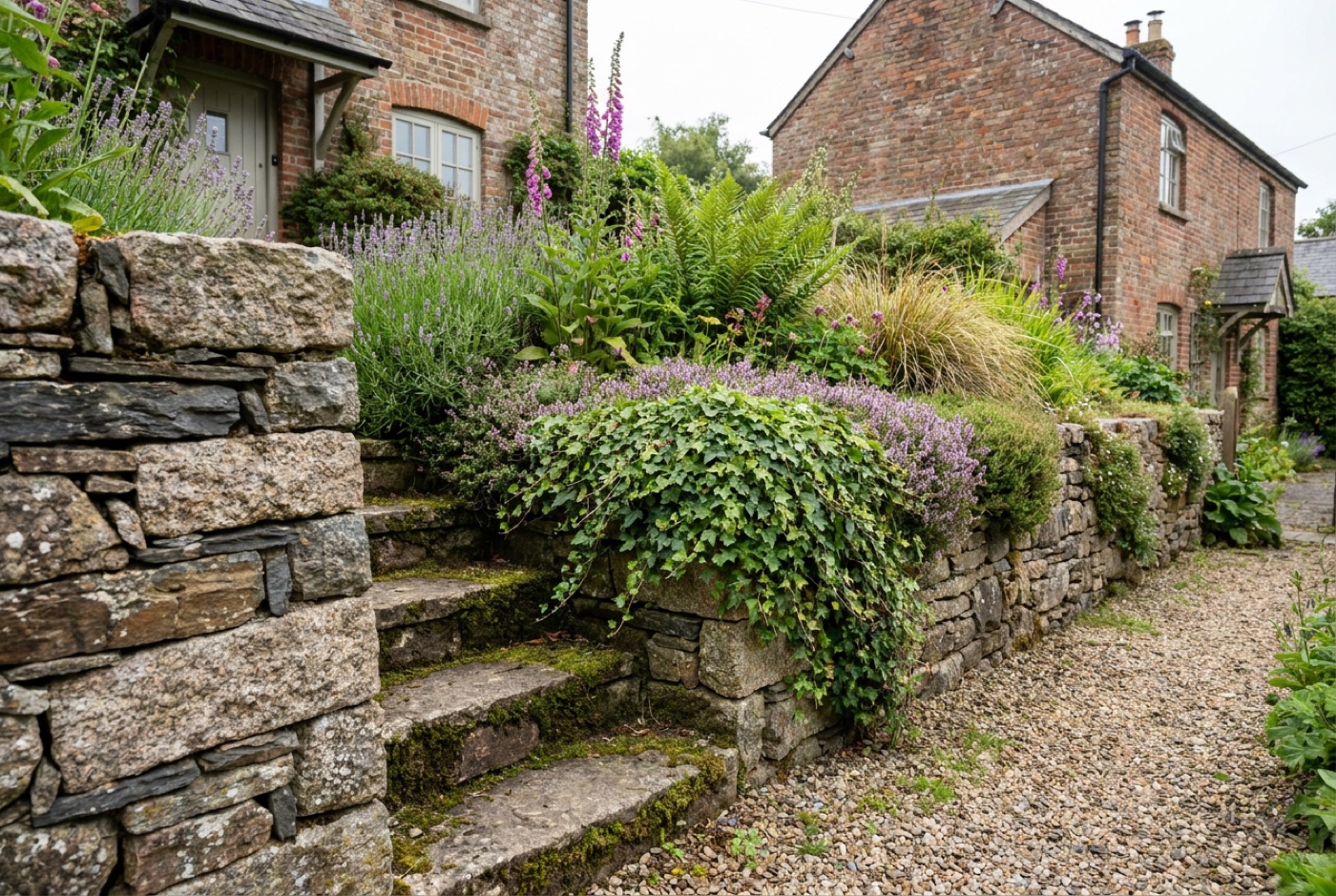 A tiered English garden with a natural stone retaining wall holding back a planted slope