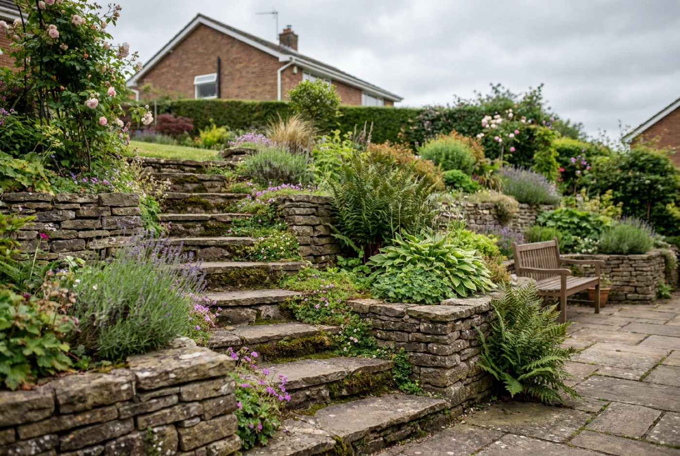 A terraced English sloped garden with natural stone steps, retaining walls and layered planting