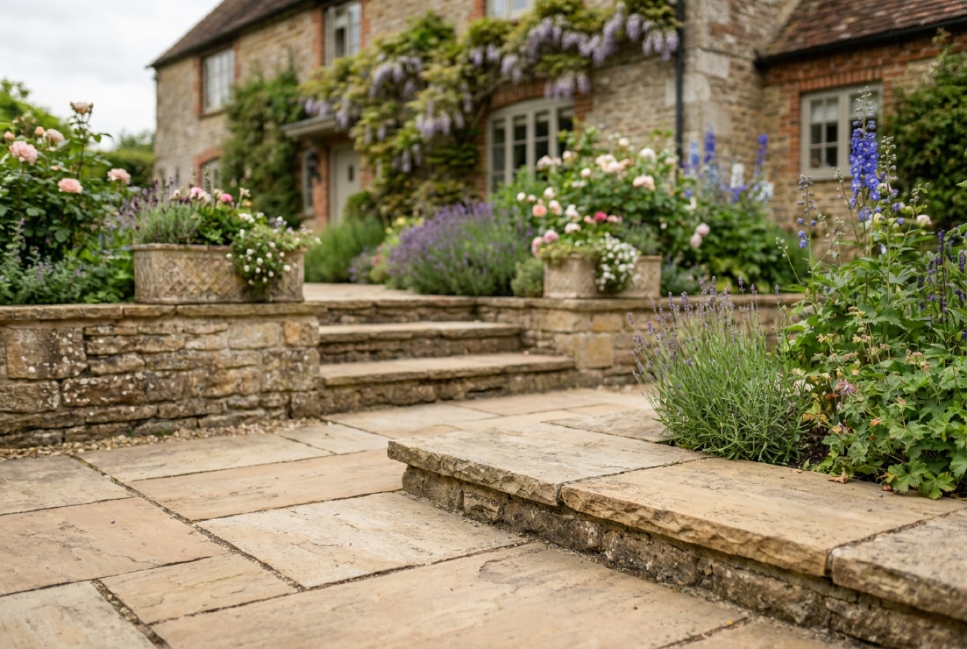 A warm buff-and-grey riven York stone staircase and paved patio in an English garden