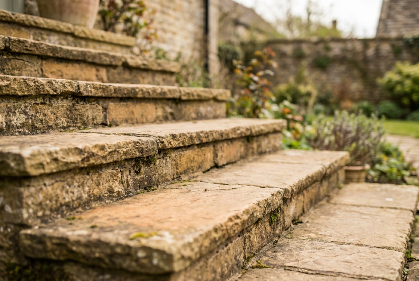 Close view of a warm York-stone staircase showing the natural stone texture